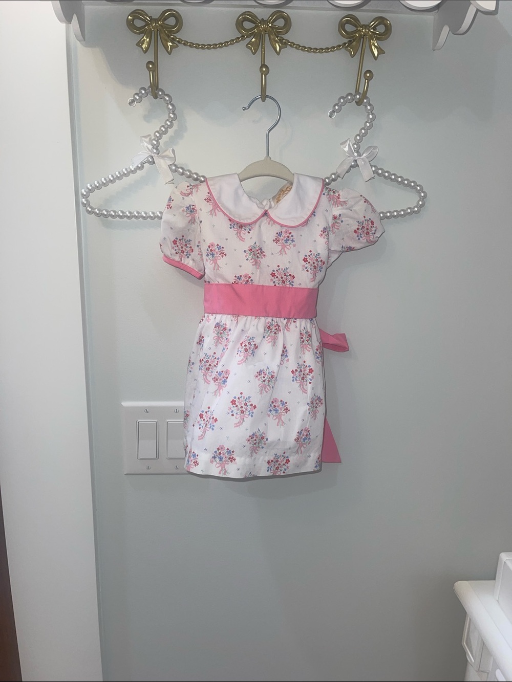 The Beaufort Bonnet Company White Dress with Pink Sash and Floral Print